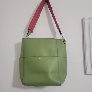 Green Tote Bag with Pink Strap